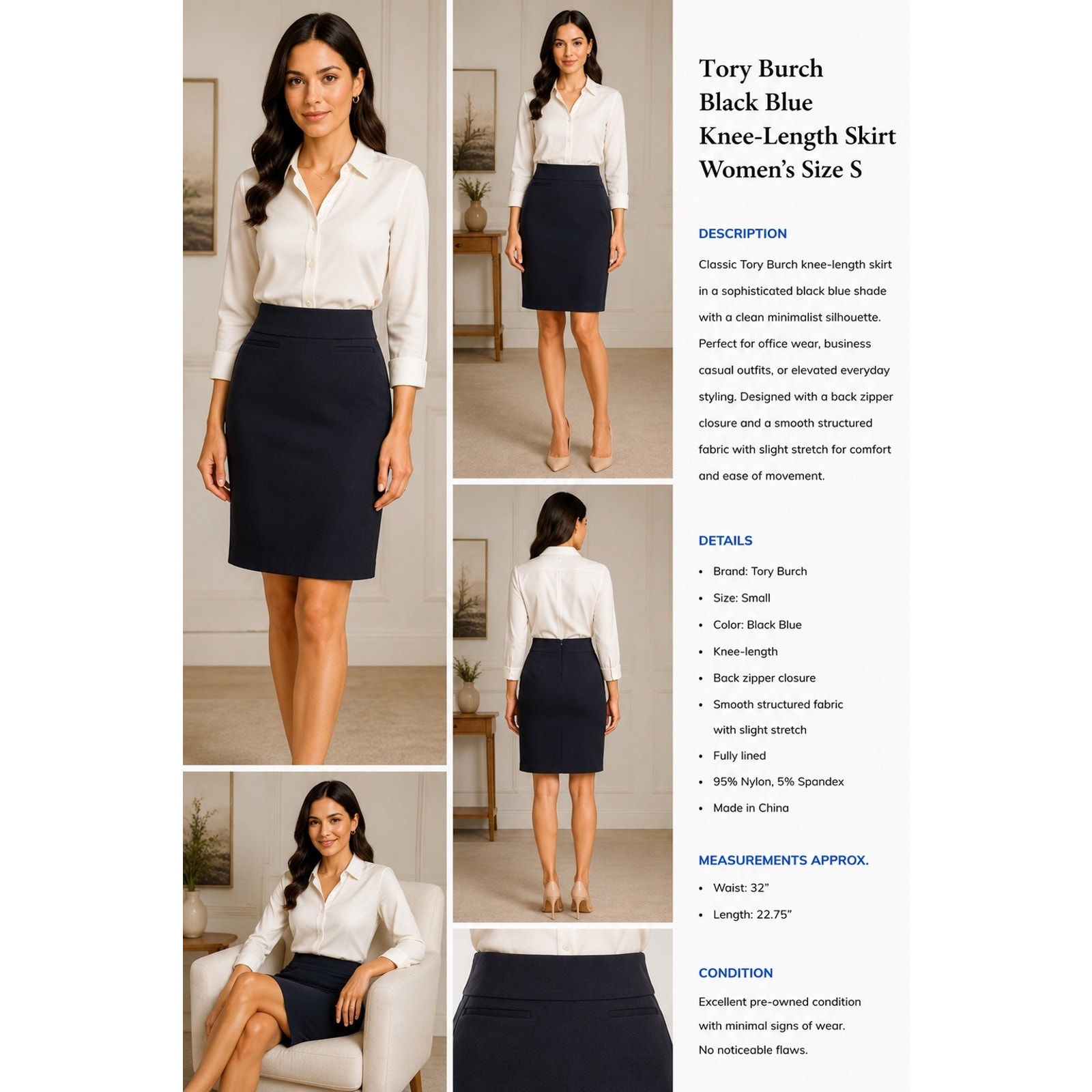 Tory Burch Black Blue Knee-Length Pencil Skirt Women’s Size S